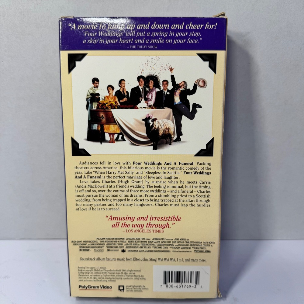 Four Weddings and‎ a Funeral VHS 1994 Hugh Grant Andie MacDowell RomCom Vintage